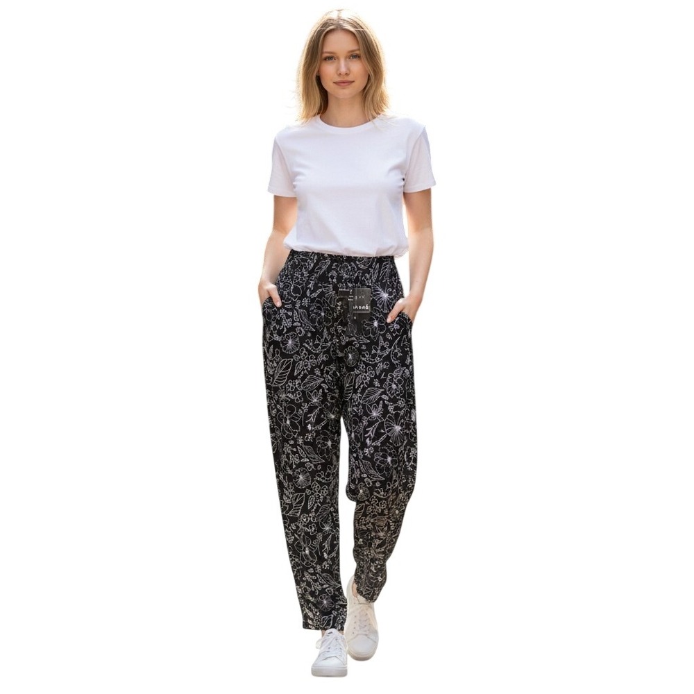 BBJ Womens Floral Smocked High Waist Wide Leg Boho Pants Black White Pockets